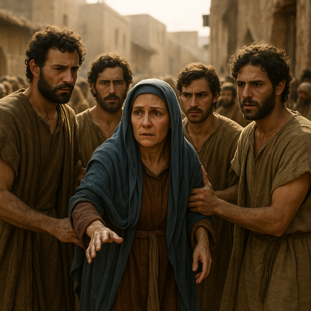 Maria e os irmaos de Jesus tentando chegar ate ele em meio a multidao