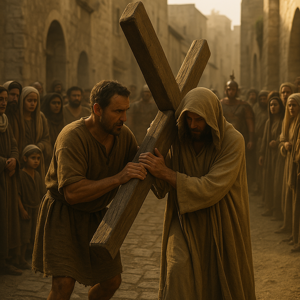 Simão de Cirene ajudando Jesus a carregar a cruz no caminho para o Gólgota